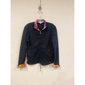 St John Sport Jacket Womens Petite Black Tie Dye Trim Zip Up Made USA